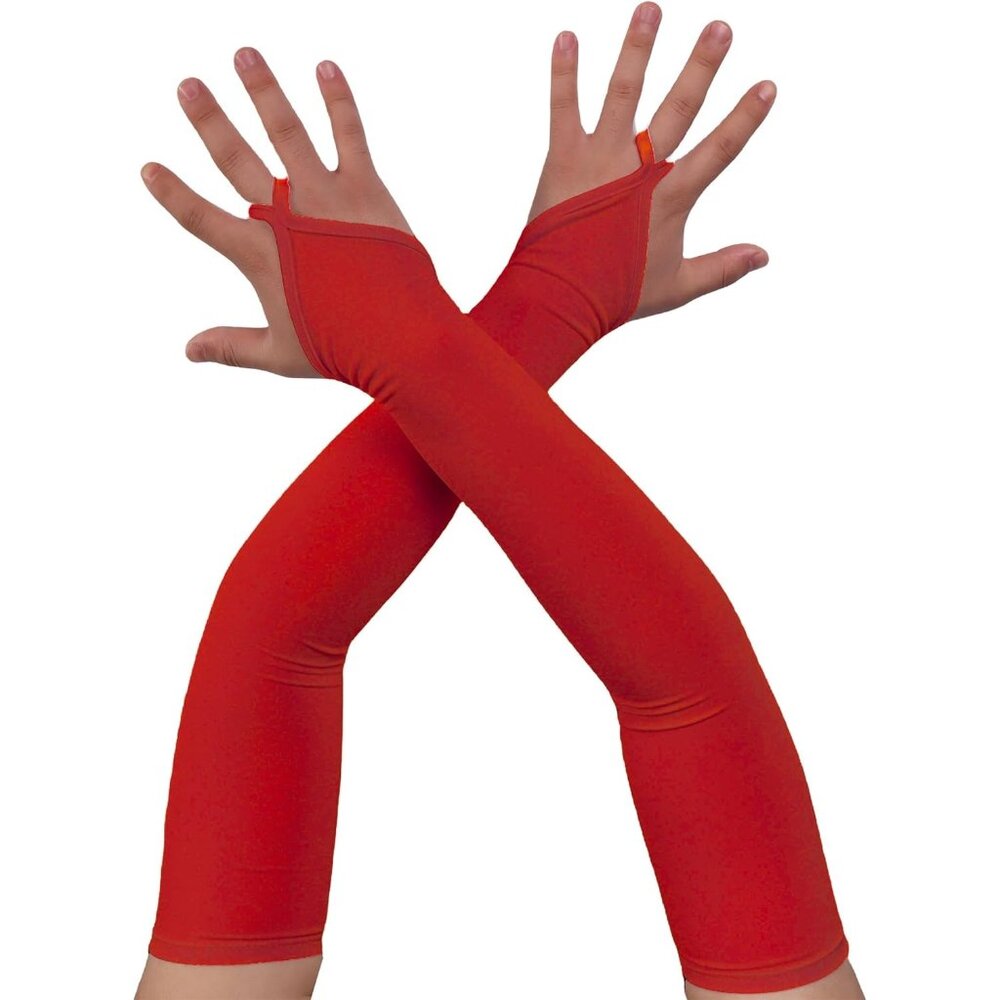 Women's Red Finger Loop Fingerless Satin Long Gloves Halloween Party Costume